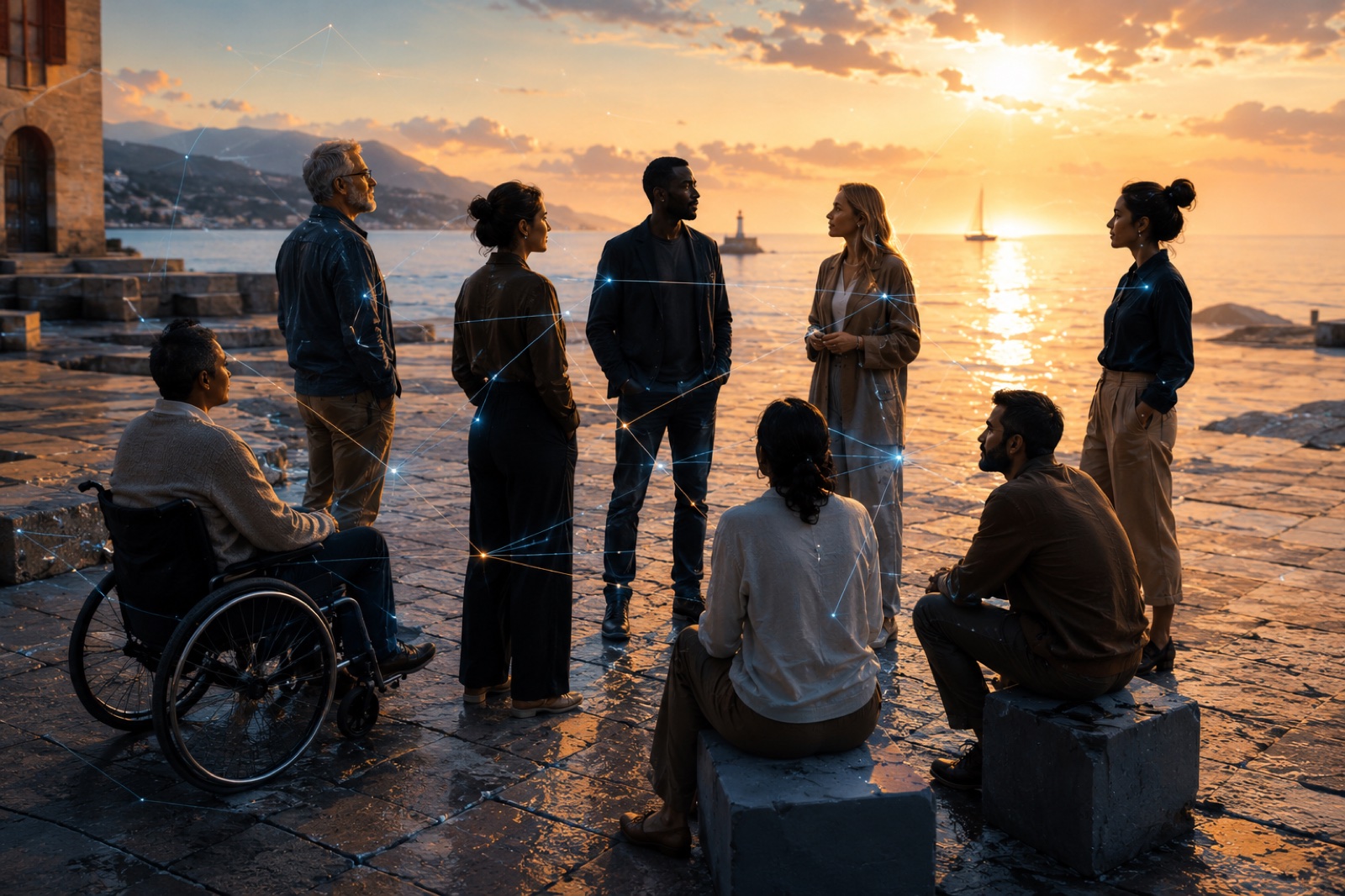 Illustrative artwork of a diverse group in conversation by a harbour, including a wheelchair user