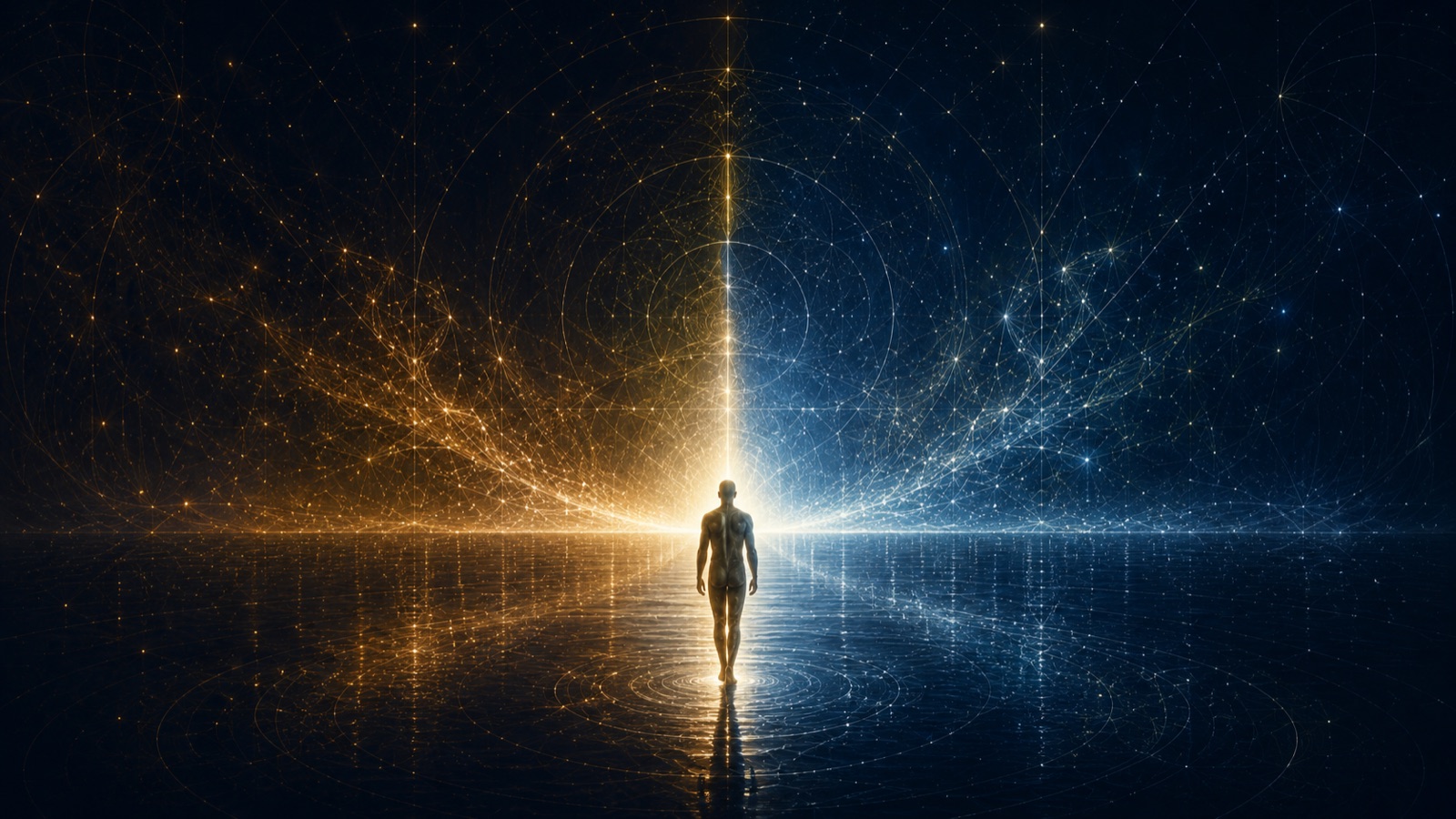 Illustrative artwork of a person facing a horizon among connected pathways