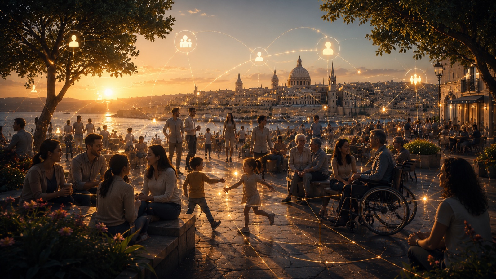 Illustrative artwork of people of different ages and abilities in a public square