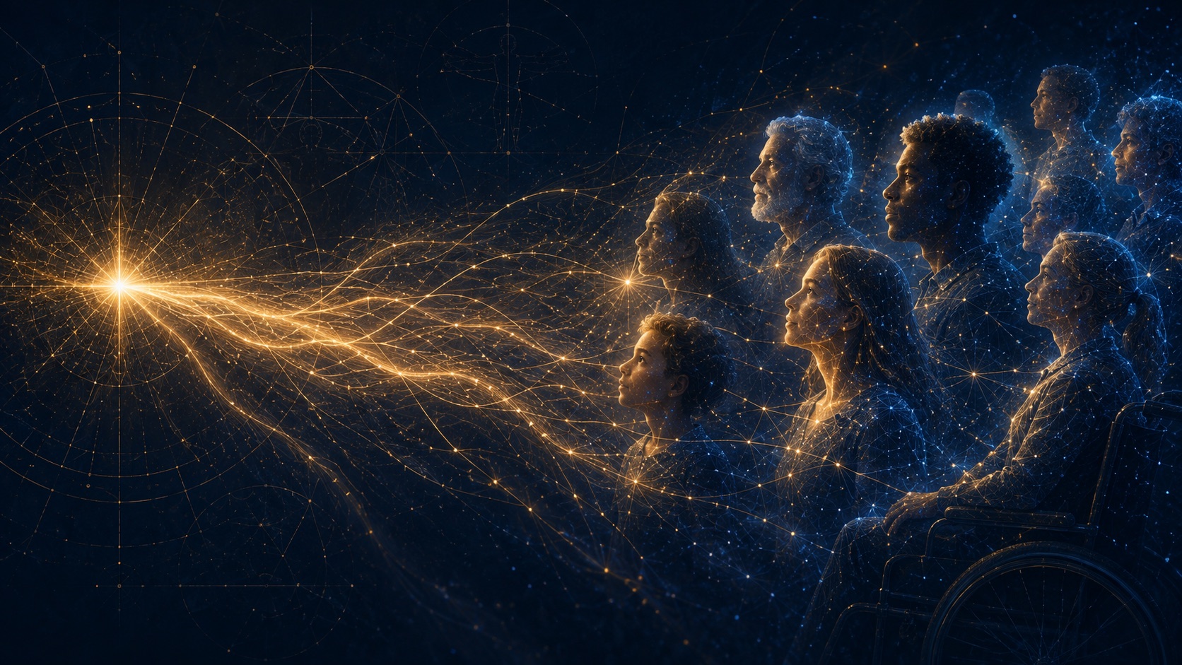 Illustrative artwork showing a human figure and a connected technological figure facing one another across Malta